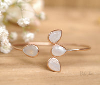 Moonstone Bangle Bracelet * Gold Plated, Rose Gold and Silver Plated * Gemstone * Lotus Flower * Adjustable *Statement * BJB020C