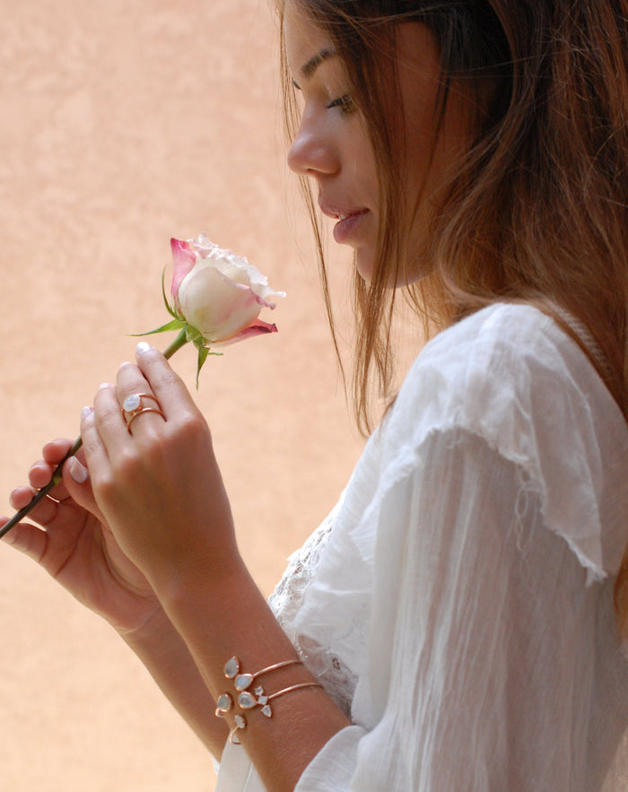 Moonstone Bangle Bracelet * Gold Plated, Rose Gold and Silver Plated * Gemstone * Lotus Flower * Adjustable *Statement * BJB020A