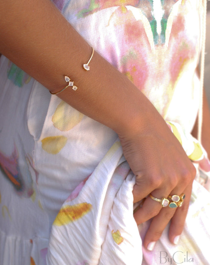 Moonstone Bangle Bracelet * Gold Plated 18k or Rose Gold Plated * Gemstone * Gypsy * Hippie * Adjustable * Statement * Stacking * BJB012A