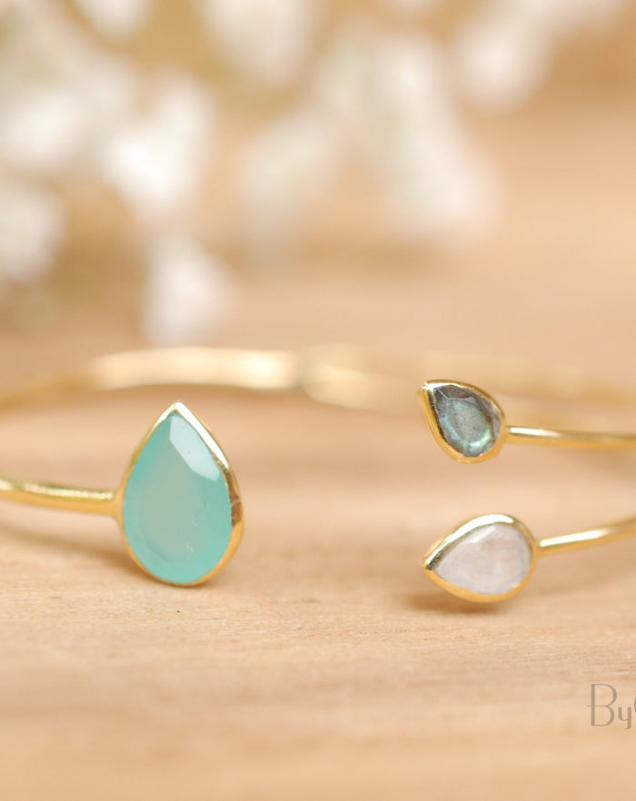 Aqua Chalcedony,Labradorite & Moonstone Bangle Bracelet * Gold Plated or Silver Plated* Gemstone * Adjustable * Stacking *Layering BJB023A