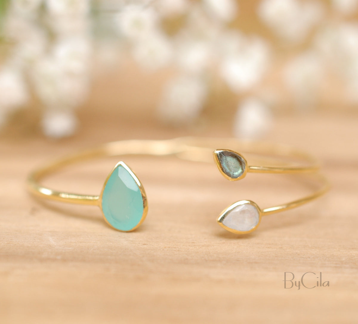 Aqua Chalcedony,Labradorite & Moonstone Bangle Bracelet * Gold Plated, Rose Gold or Silver Plated* Gemstone * Adjustable * Stacking *BJB023A