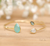 Aqua Chalcedony,Labradorite & Moonstone Bangle Bracelet * Gold Plated, Rose Gold or Silver Plated* Gemstone * Adjustable * Stacking *BJB023A