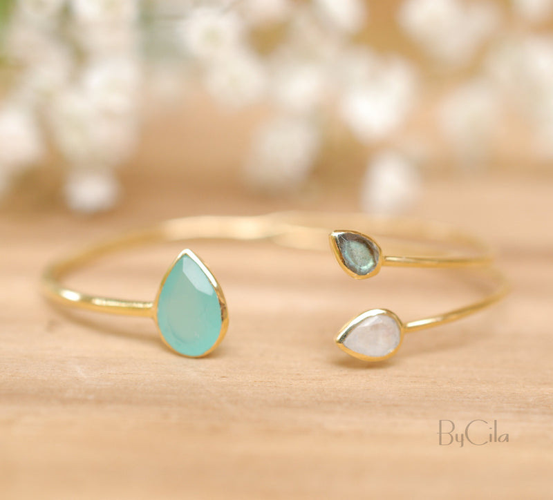 Aqua Chalcedony,Labradorite & Moonstone Bangle Bracelet * Gold Plated, Rose Gold or Silver Plated* Gemstone * Adjustable * Stacking *BJB023A