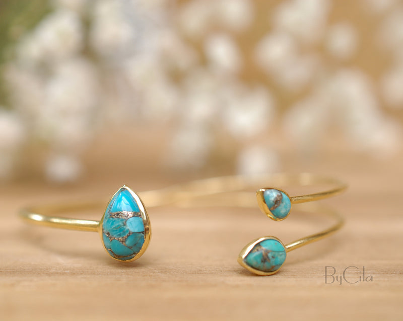 Copper Turquoise * Bangle Bracelet *  Gold * Gemstone * Gypsy * Hippie *  Adjustable * Statement *  Stacking * Layering * BJB022A