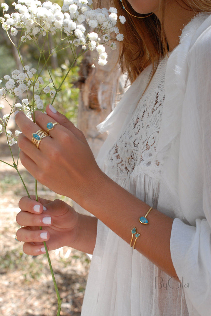 Copper Turquoise * Bangle Bracelet *  Gold * Gemstone * Gypsy * Hippie *  Adjustable * Statement *  Stacking * Layering * BJB022A