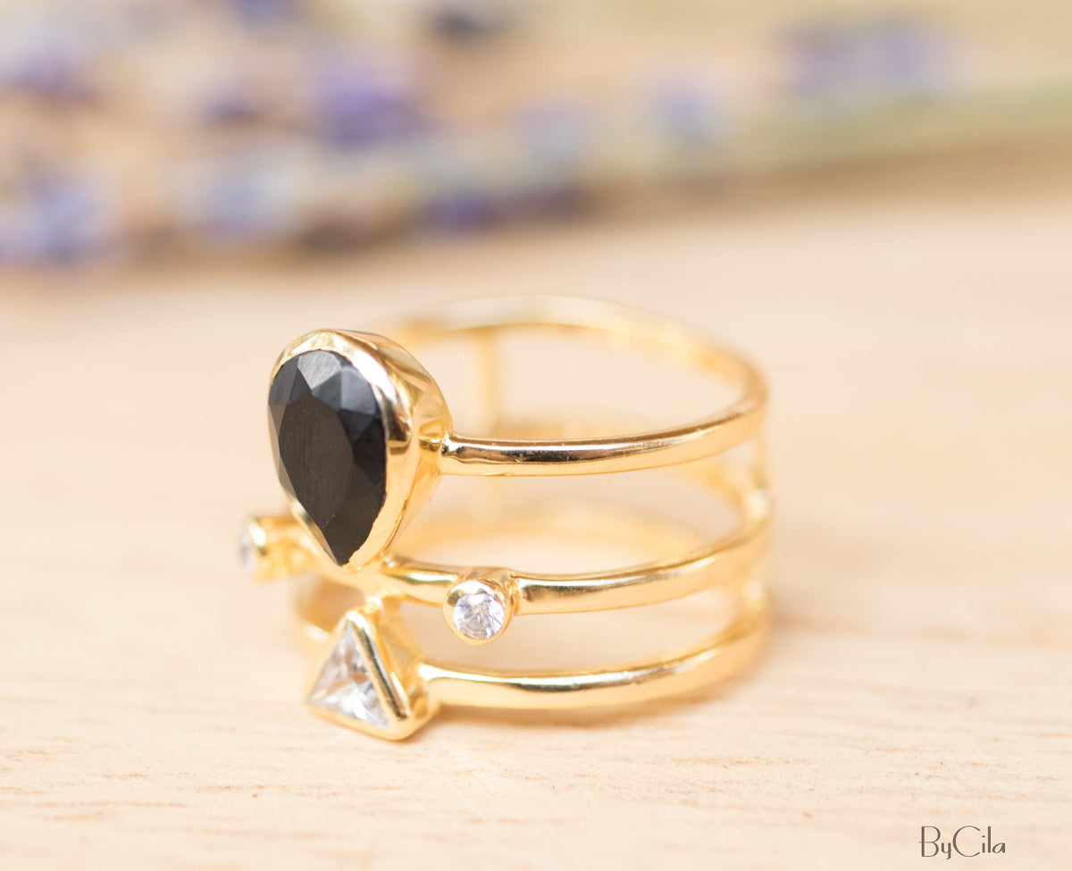 Black Onyx & White Topaz Ring * Gold Plated Ring * Statement Ring *Gemstone Ring * Black stone * Bridal Ring *Wedding Ring  * BJR119