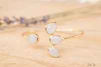 Moonstone Bangle Bracelet * Gold Plated, Rose Gold and Silver Plated * Gemstone * Lotus Flower * Adjustable *Statement * BJB020C