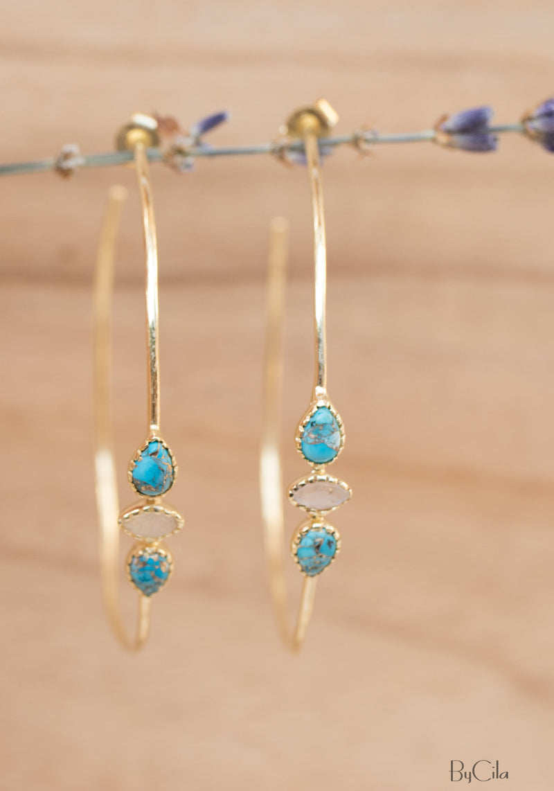 Yeda Hoop Earrings * Copper Turquoise & Moonstone * Gold Plated 18k, Silver Plated or Rose Gold Plated* BJE017A