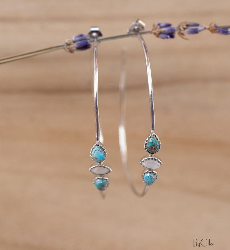 Yeda Hoop Earrings * Copper Turquoise & Moonstone * Gold Plated 18k, Silver Plated or Rose Gold Plated* BJE017A