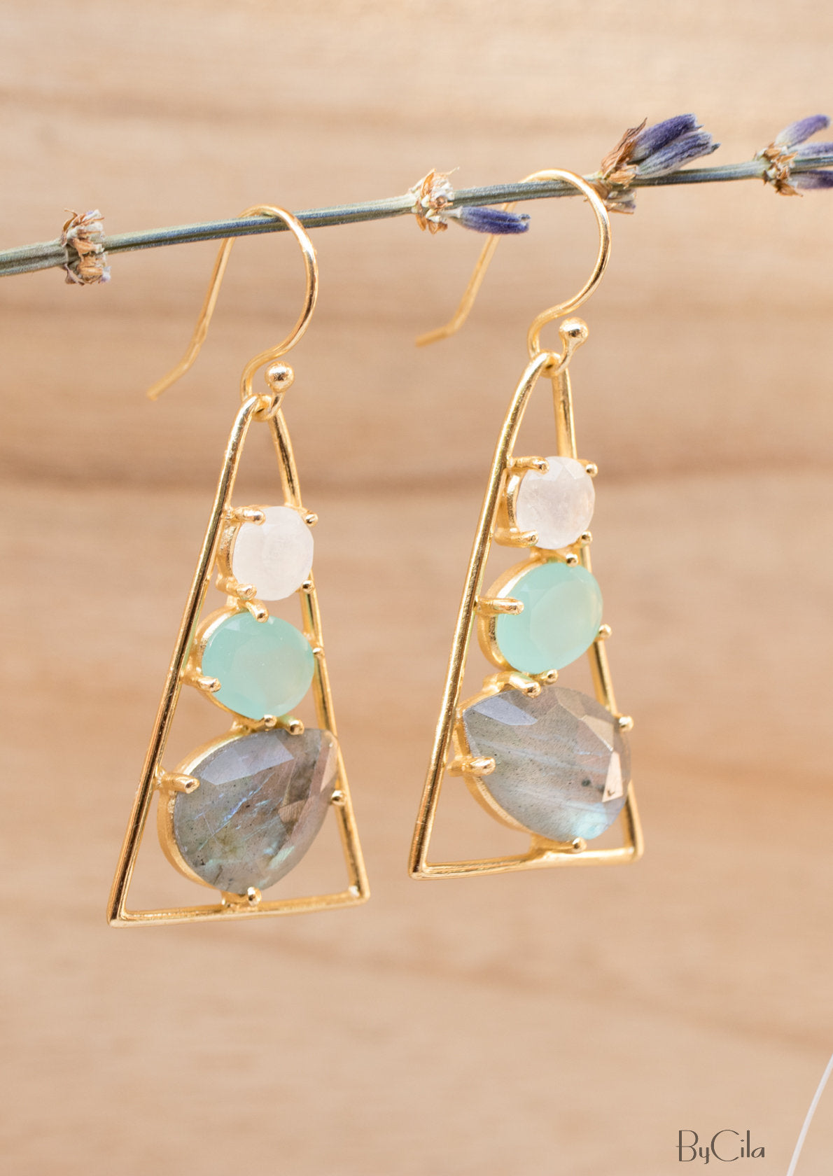 Cleo Earrings * Moonstone, Aqua chalcedony & Labradorite * Gold Plated 18k * BJE100