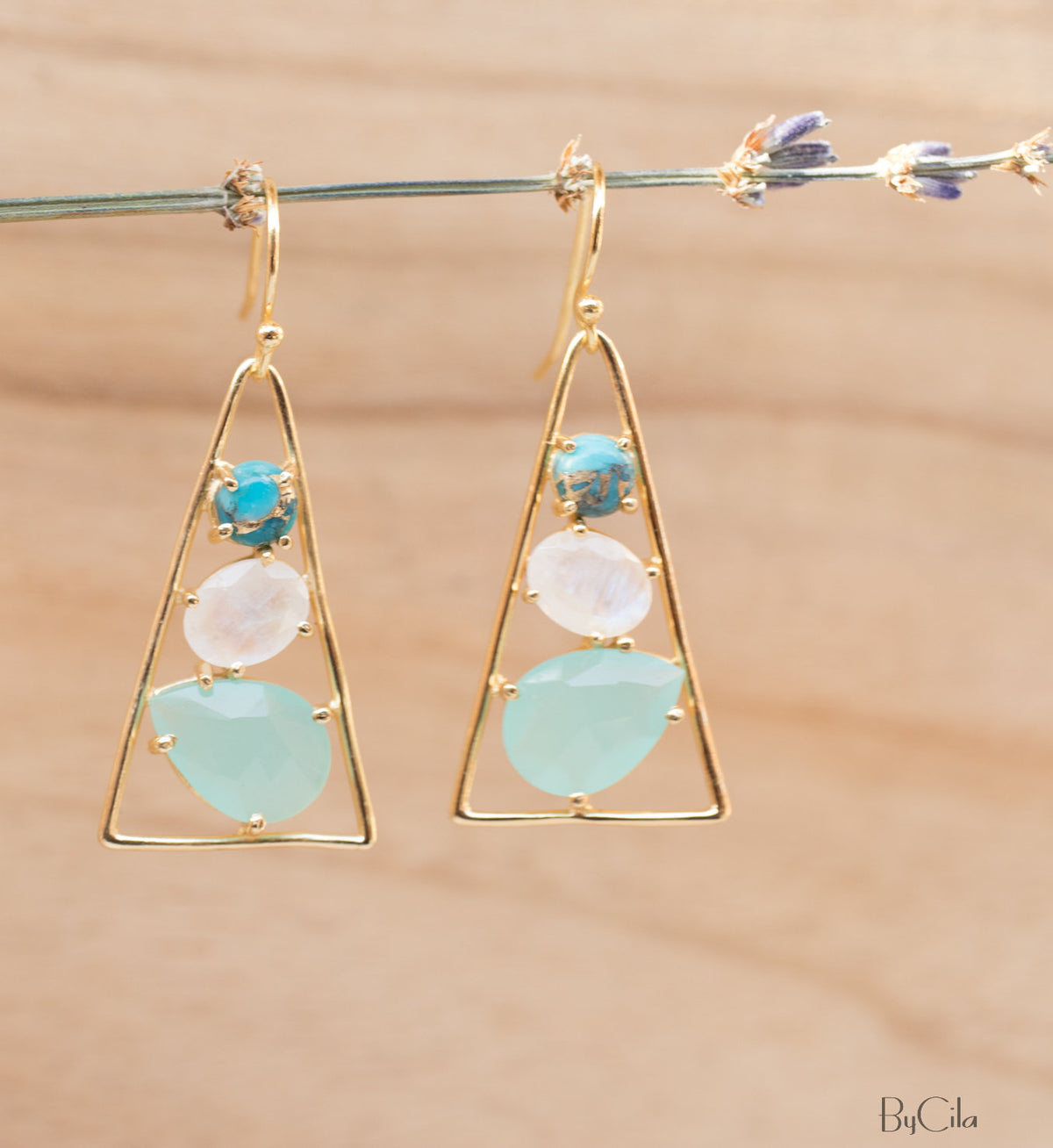 Cleo Earrings * Copper Turquoise, Moonstone & Aqua chalcedony  * Gold Plated 18k * BJE099