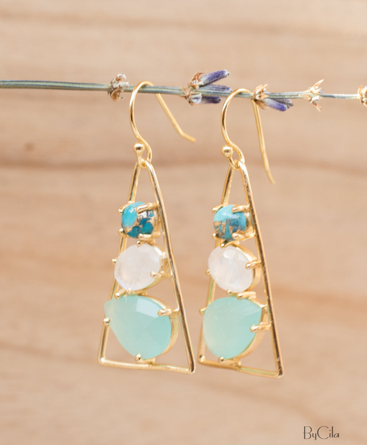 Cleo Earrings * Copper Turquoise, Moonstone & Aqua chalcedony  * Gold Plated 18k * BJE099