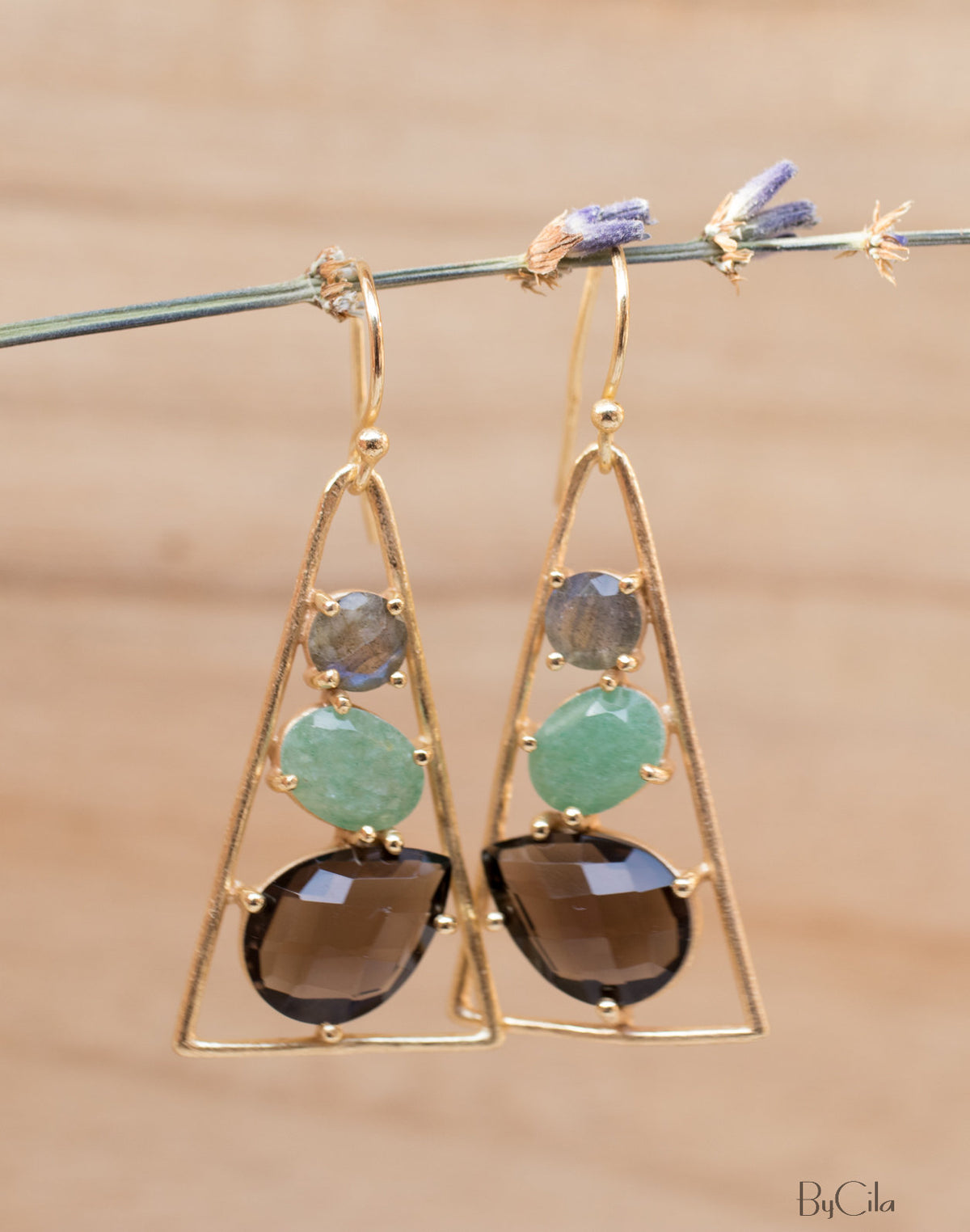 Cleo Earrings * Labradorite, Aventurine & Smoky Quartz * Gold Plated 18k * BJE098