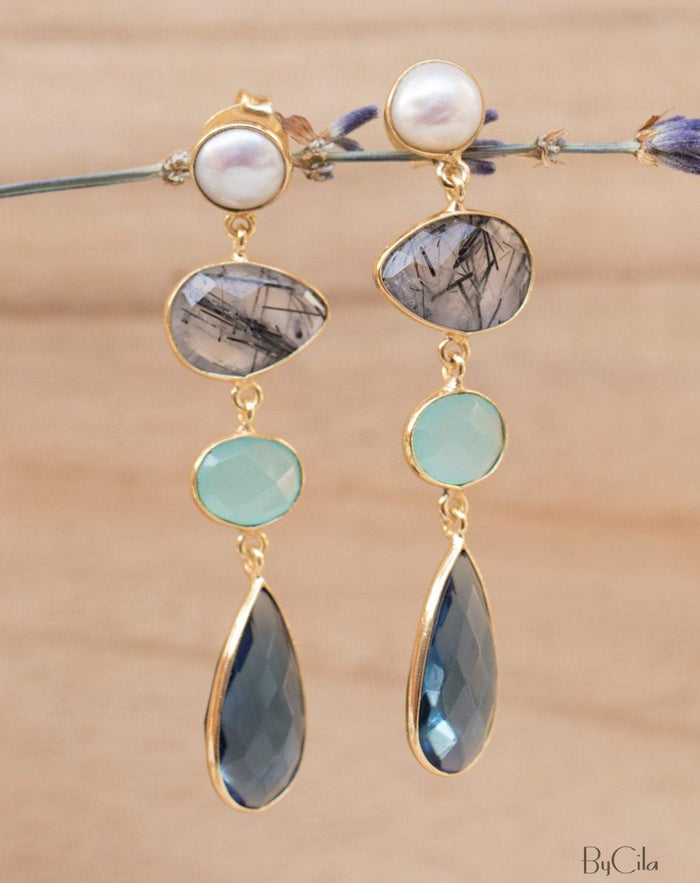 Bela Liz Earrings * Pearl, Black Tourmaline Quartz, Aqua Chalcedony & Iolite hydro * Gold Plated 18k * BJE088