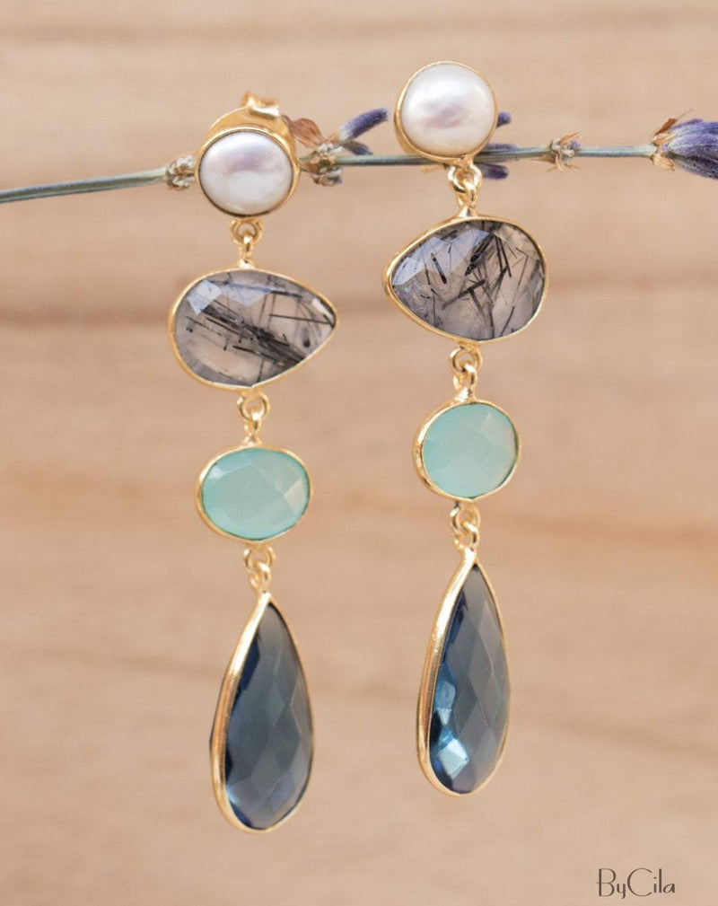 Bela Liz Earrings * Pearl, Black Tourmaline Quartz, Aqua Chalcedony & Iolite hydro * Gold Plated 18k * BJE088