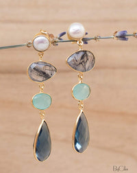 Bela Liz Earrings * Pearl, Black Tourmaline Quartz, Aqua Chalcedony & Iolite hydro * Gold Plated 18k * BJE088