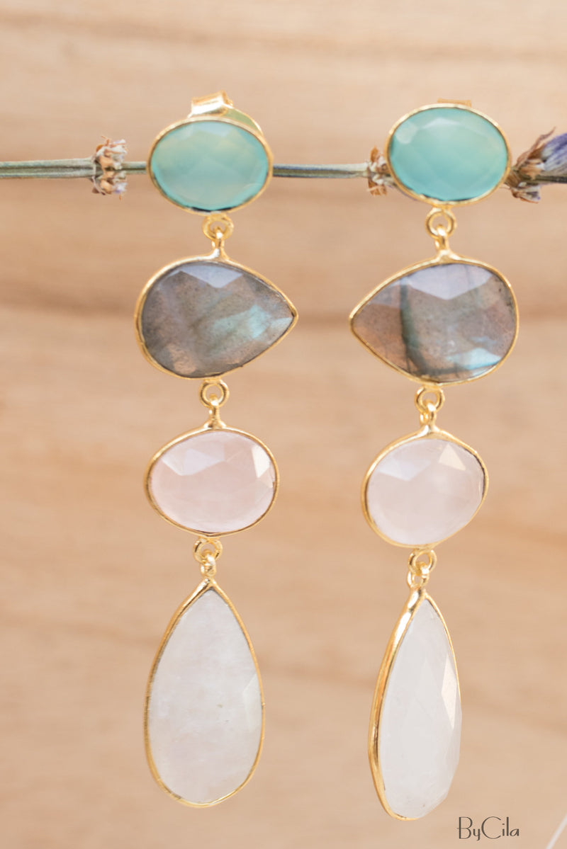 Bela Liz Earrings * Aqua Chalcedony, Labradorite, Rose Quartz & Moonstone * Gold Plated 18k * BJE090