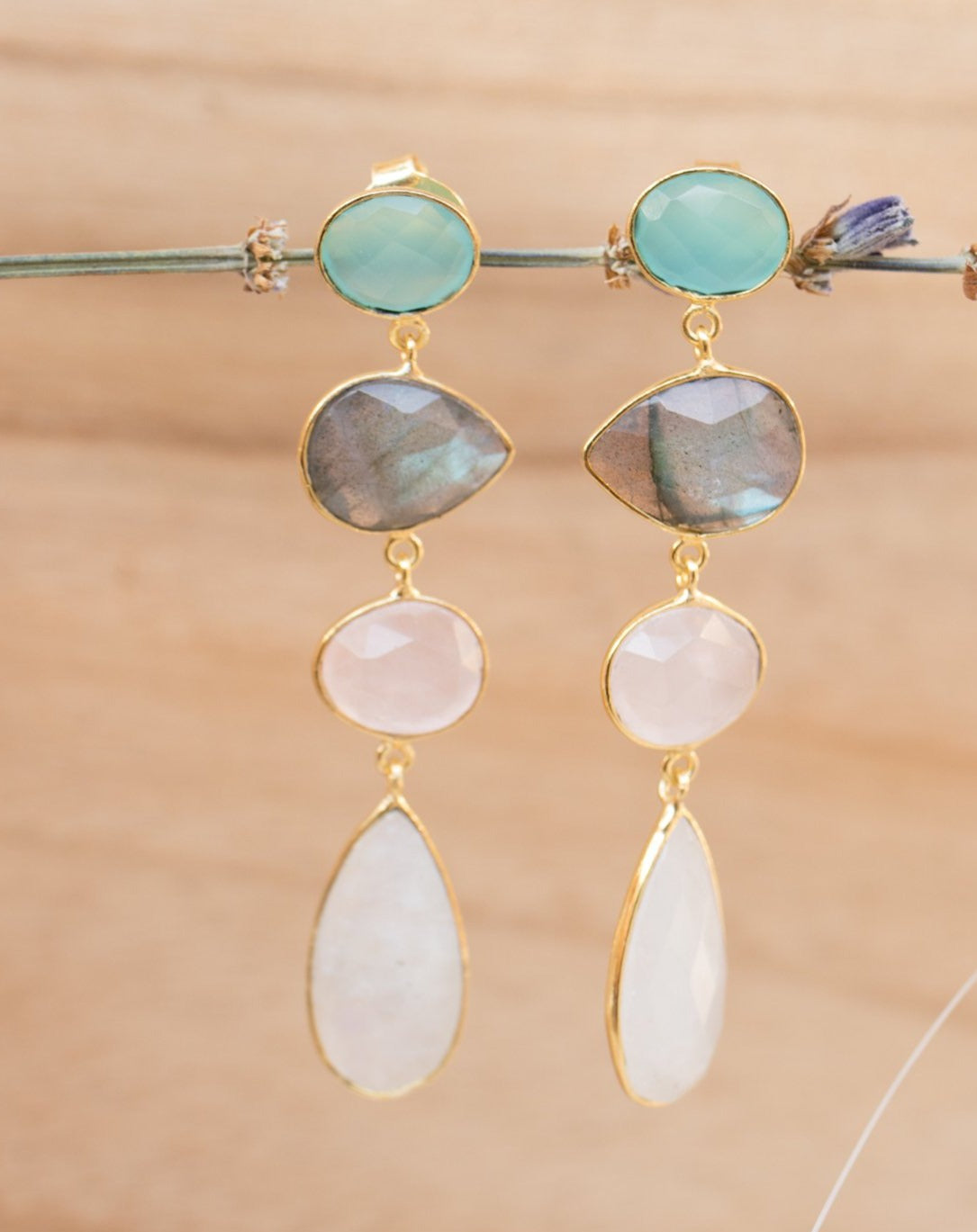 Bela Liz Earrings * Aqua Chalcedony, Labradorite, Rose Quartz & Moonstone * Gold Plated 18k * BJE090