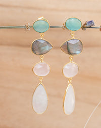 Bela Liz Earrings * Aqua Chalcedony, Labradorite, Rose Quartz & Moonstone * Gold Plated 18k * BJE090