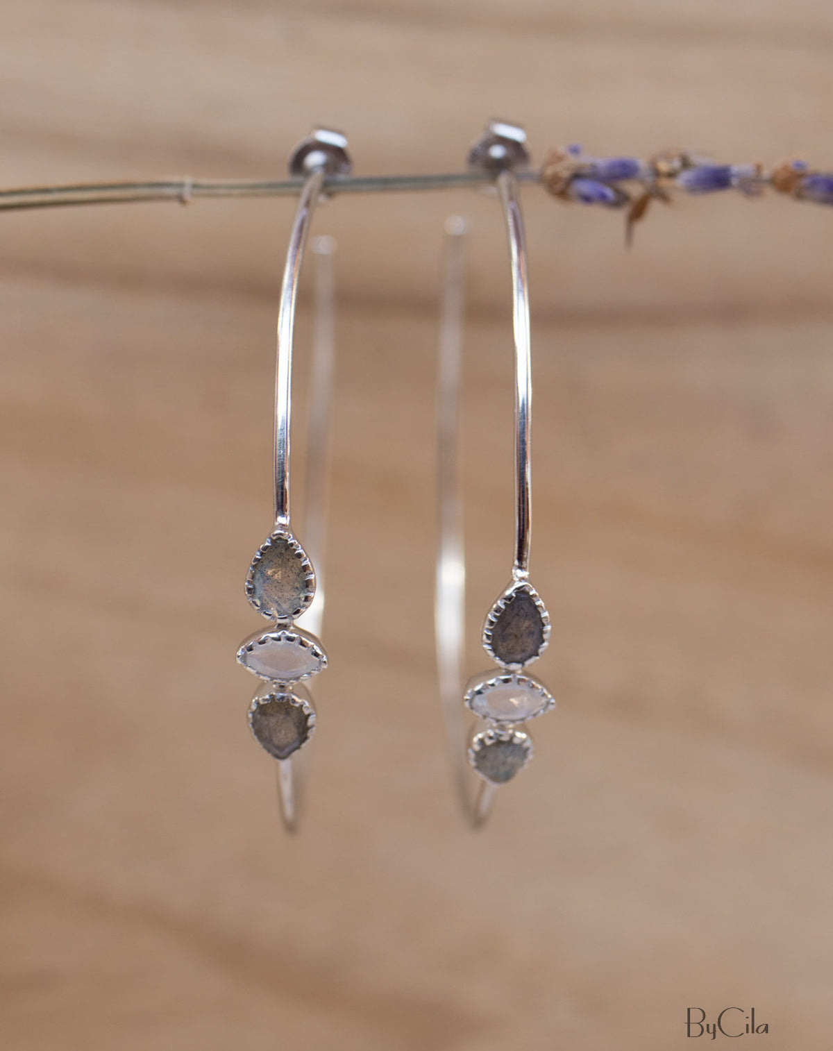 Labradorite & Moonstone Hoop Gold or Silver Earrings * Gemstone * Stud* Post* Labradorite *Handmade * Boho * Modern * ByCila * Loop* BJE016A