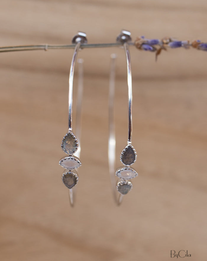 Labradorite & Moonstone Hoop Gold or Silver Earrings * Gemstone * Stud* Post* Labradorite *Handmade * Boho * Modern * ByCila * Loop* BJE016A
