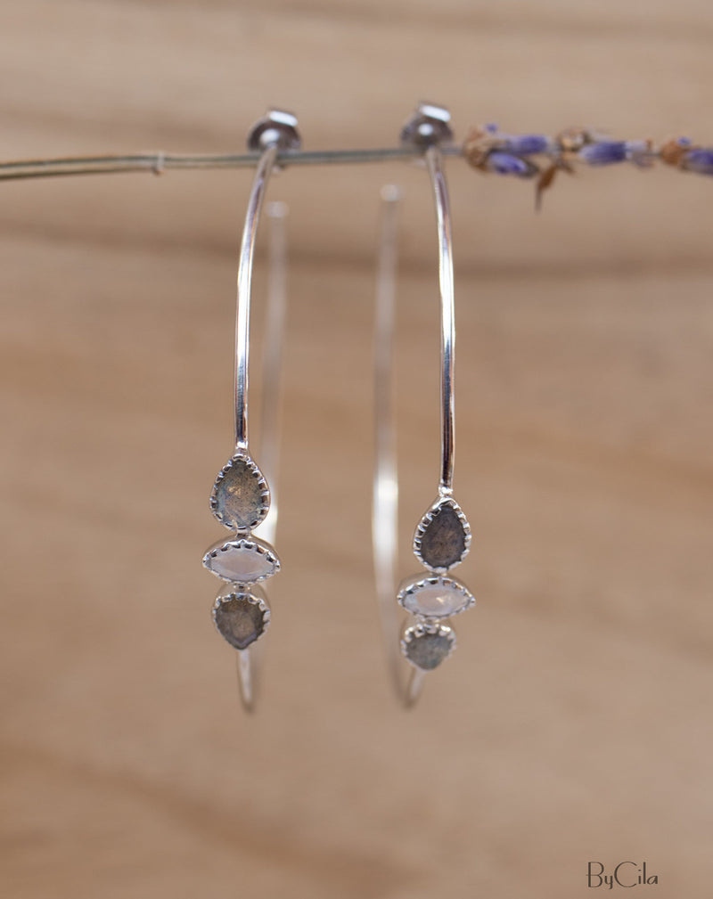 Labradorite & Moonstone Hoop Gold or Silver Earrings * Gemstone * Stud* Post* Labradorite *Handmade * Boho * Modern * ByCila * Loop* BJE016A
