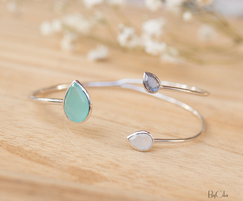 Aqua Chalcedony,Labradorite & Moonstone Bangle Bracelet * Gold Plated, Rose Gold or Silver Plated* Gemstone * Adjustable * Stacking *BJB023A