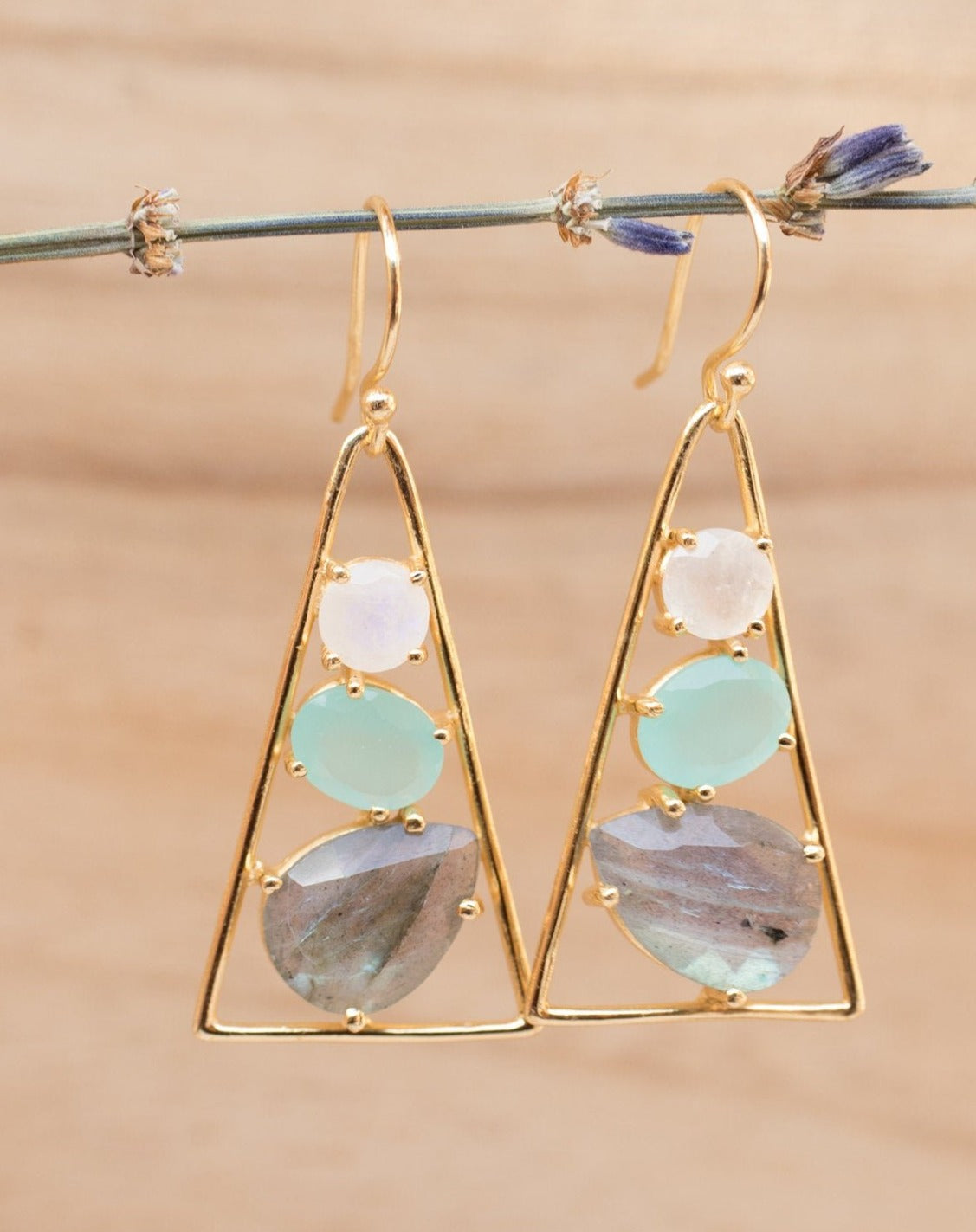 Cleo Earrings * Moonstone, Aqua chalcedony & Labradorite * Gold Plated 18k * BJE100