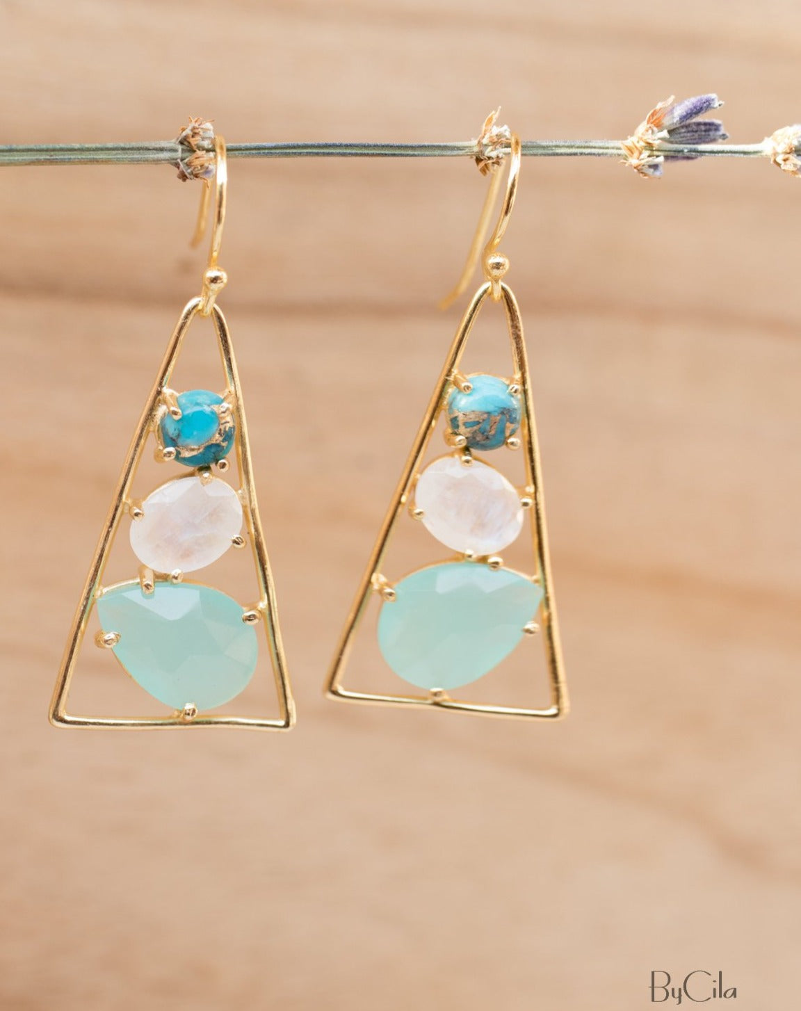 Cleo Earrings * Copper Turquoise, Moonstone & Aqua chalcedony  * Gold Plated 18k * BJE099