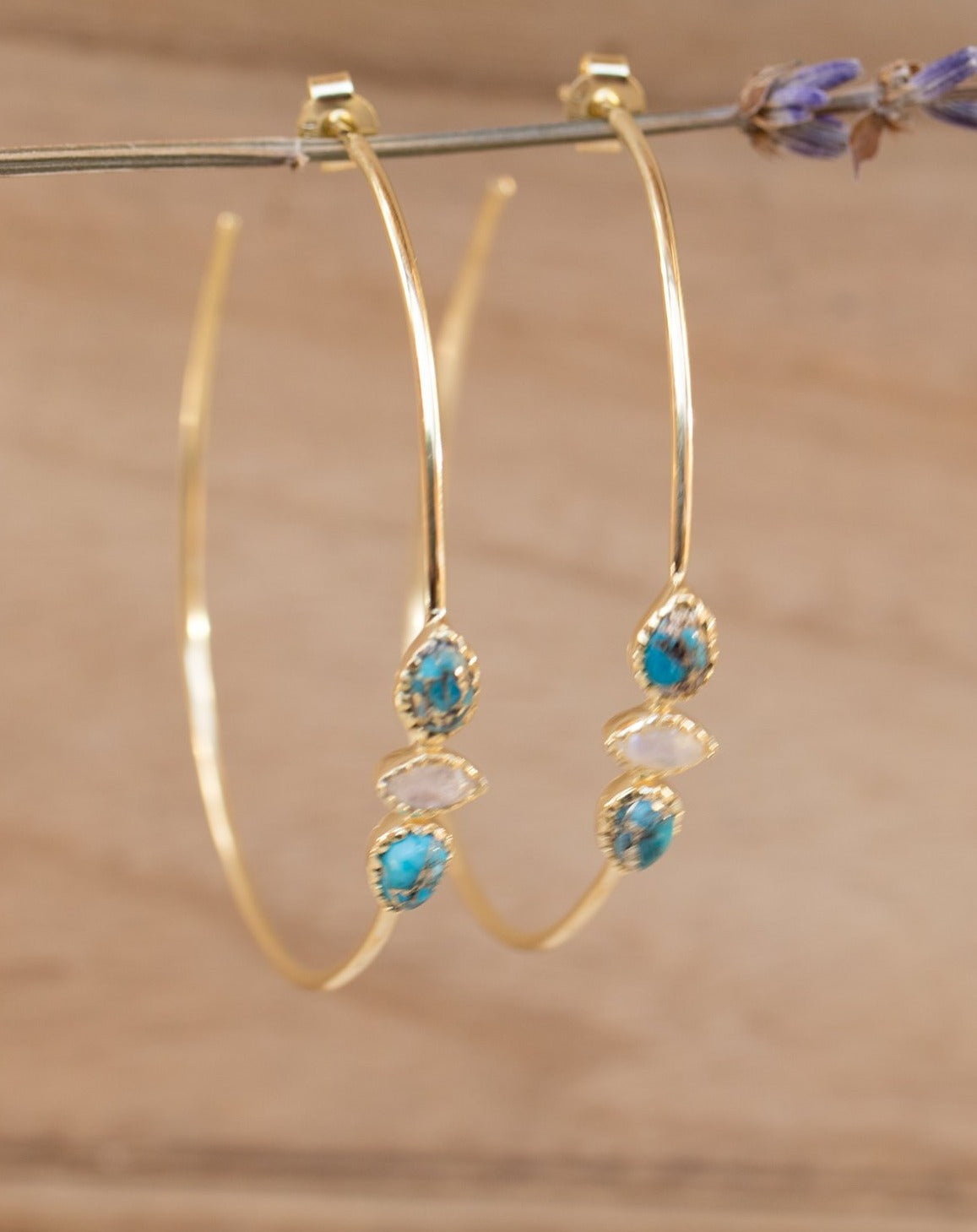 Yeda Hoop Earrings * Copper Turquoise & Moonstone * Gold Plated 18k, Silver Plated or Rose Gold Plated* BJE017A