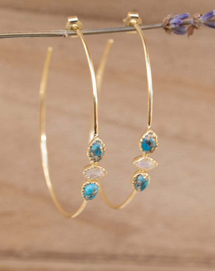Yeda Hoop Earrings * Copper Turquoise & Moonstone * Gold Plated 18k, Silver Plated or Rose Gold Plated* BJE017A