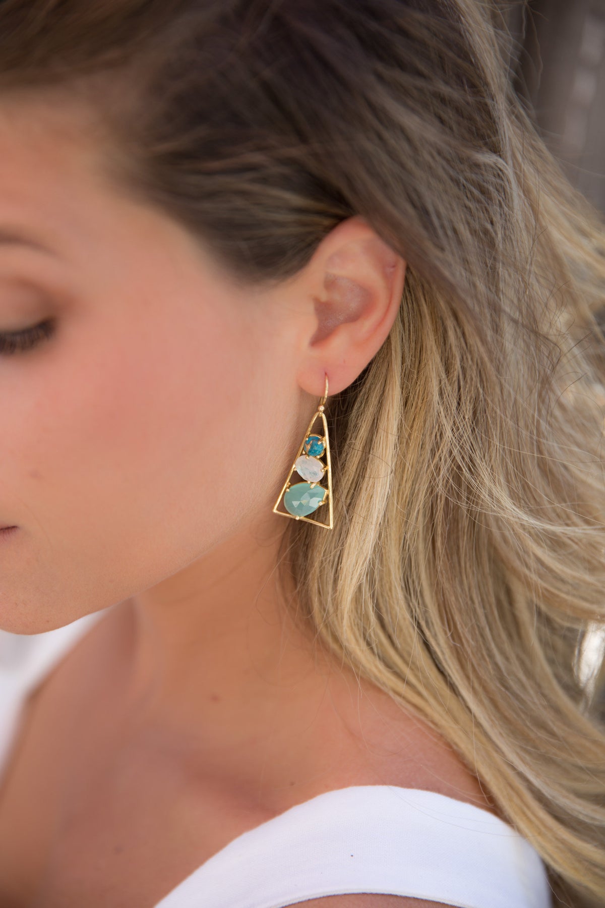 Cleo Earrings * Copper Turquoise, Moonstone & Aqua chalcedony  * Gold Plated 18k * BJE099