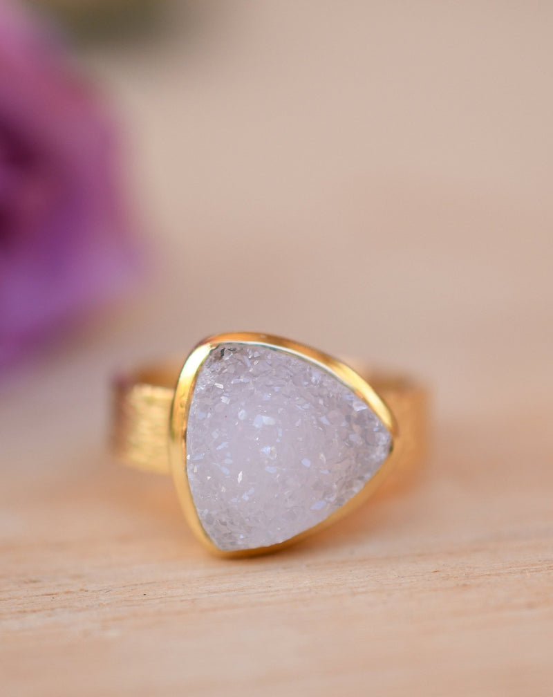 White Druzy Ring * Gold Plated Ring * Statement Ring *Gemstone Ring  *Gold Crystal* Natural Druzy *Large Gemstone *Organic Ring * BJR157