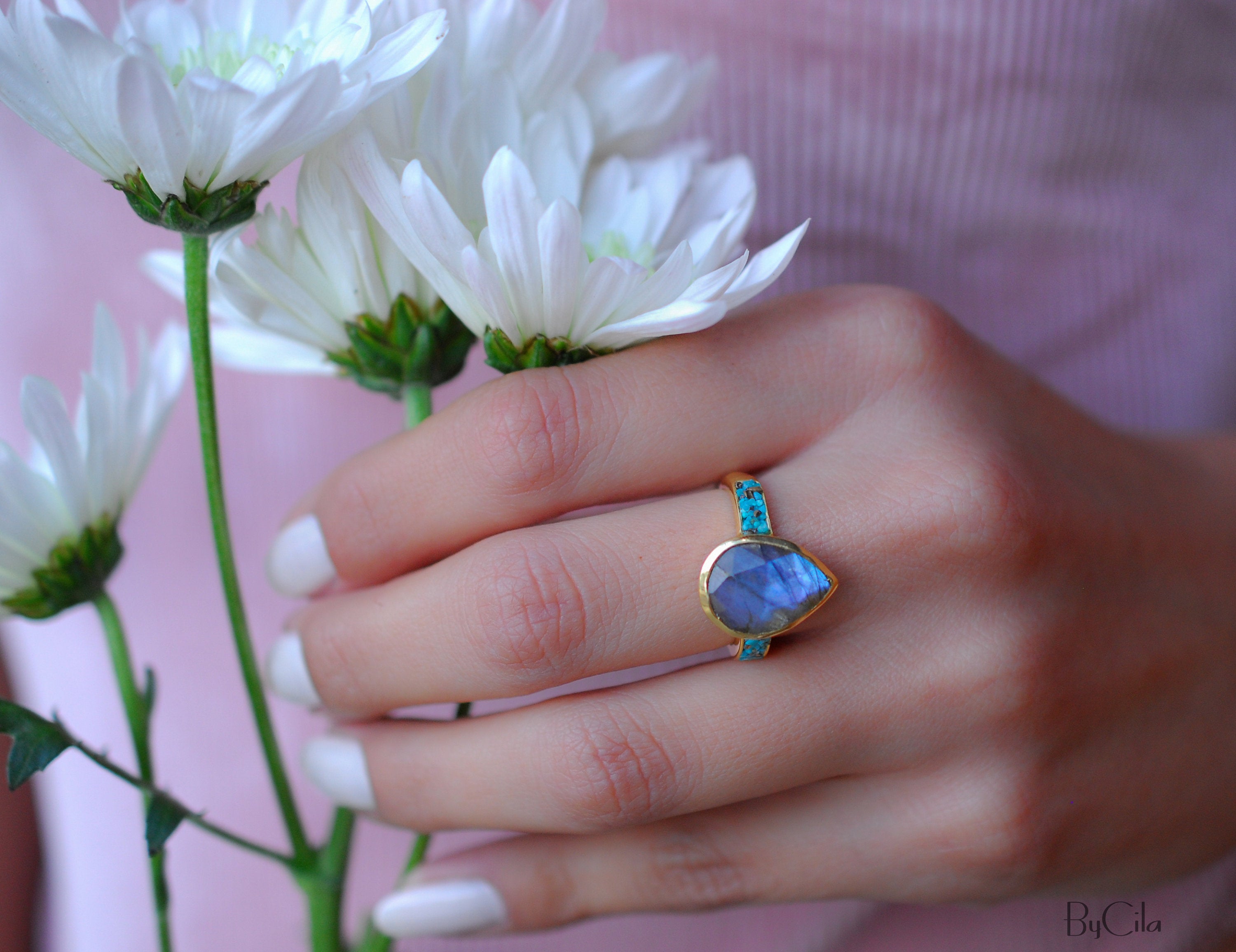 Rosana Ring * Labradorite & Turquoise * Gold Plated * BJR177 – ByCila