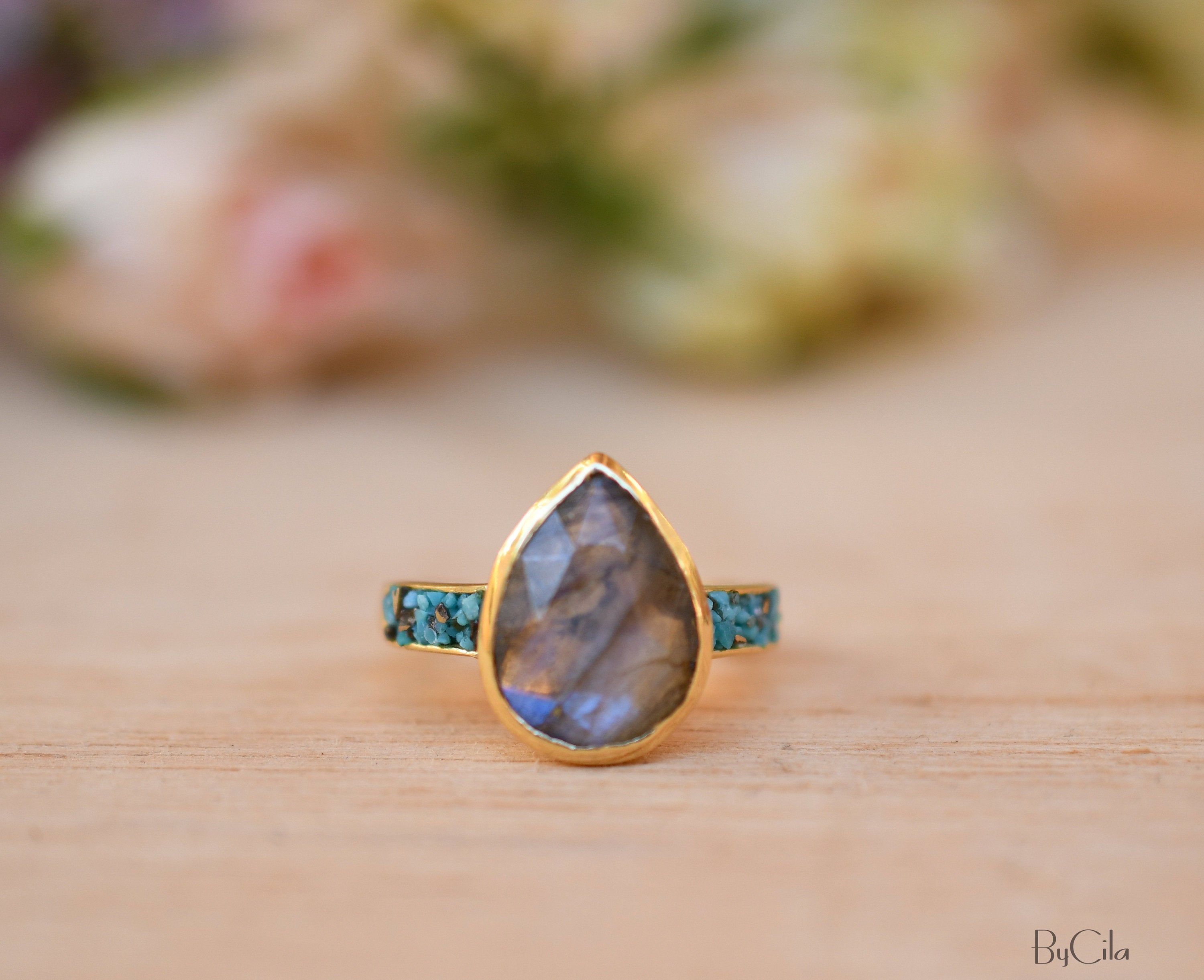 Rosana Ring * Labradorite & Turquoise * Gold Plated * BJR177 – ByCila