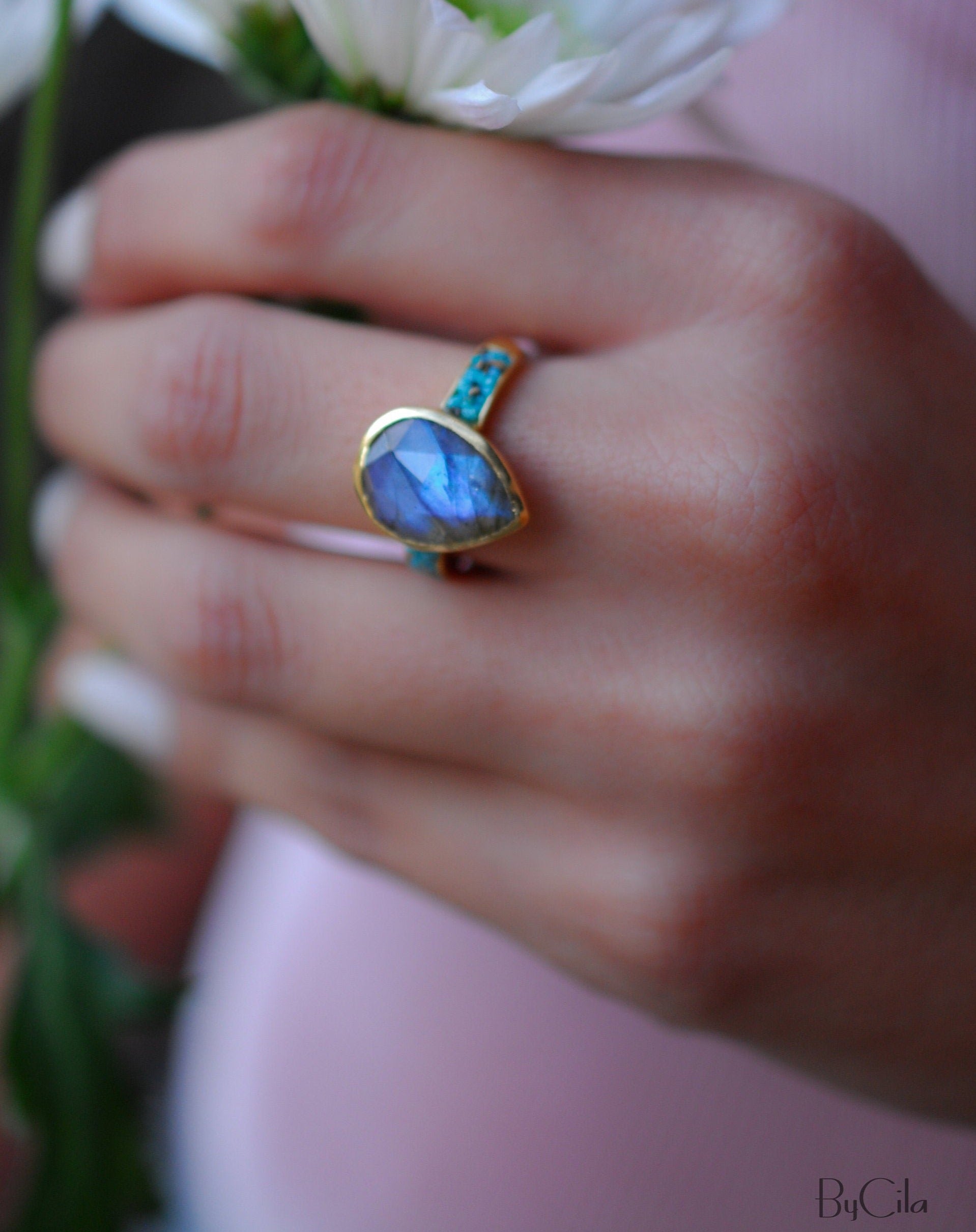 Rosana Ring * Labradorite & Turquoise * Gold Plated * BJR177 – ByCila