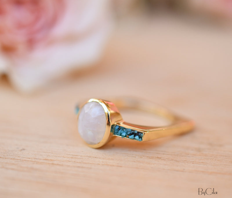 Moonstone & Mosaic Turquoise Square Ring * 18k Gold Plated Ring * Statement Ring *Gemstone Ring *Bridal Ring *Organic Ring *Natural * BJR164