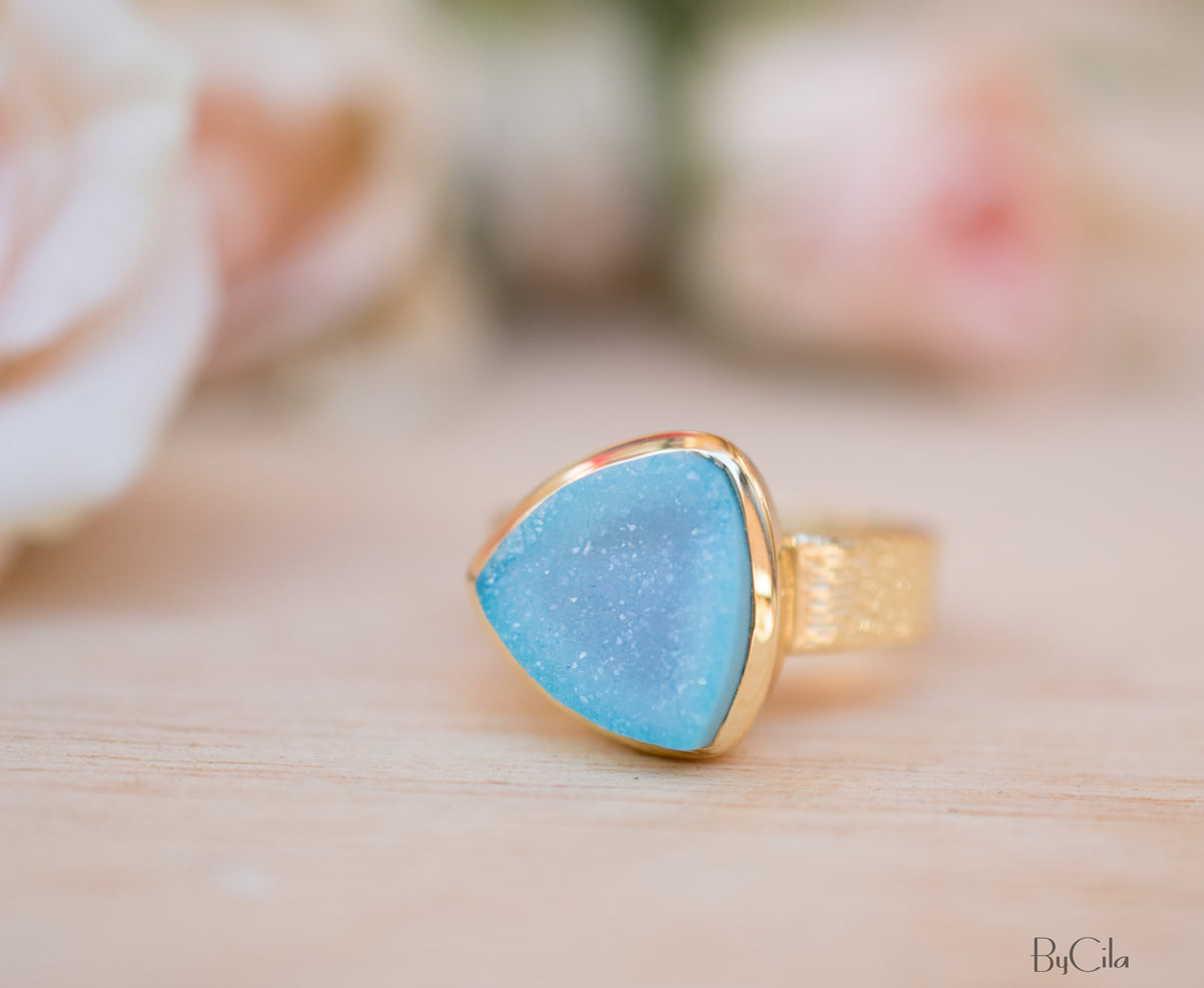 Blue Druzy Ring * Gold Plated Ring * Statement Ring *Gemstone Ring  *Gold Crystal* Natural Druzy *Large Gemstone *Organic Ring * BJR159