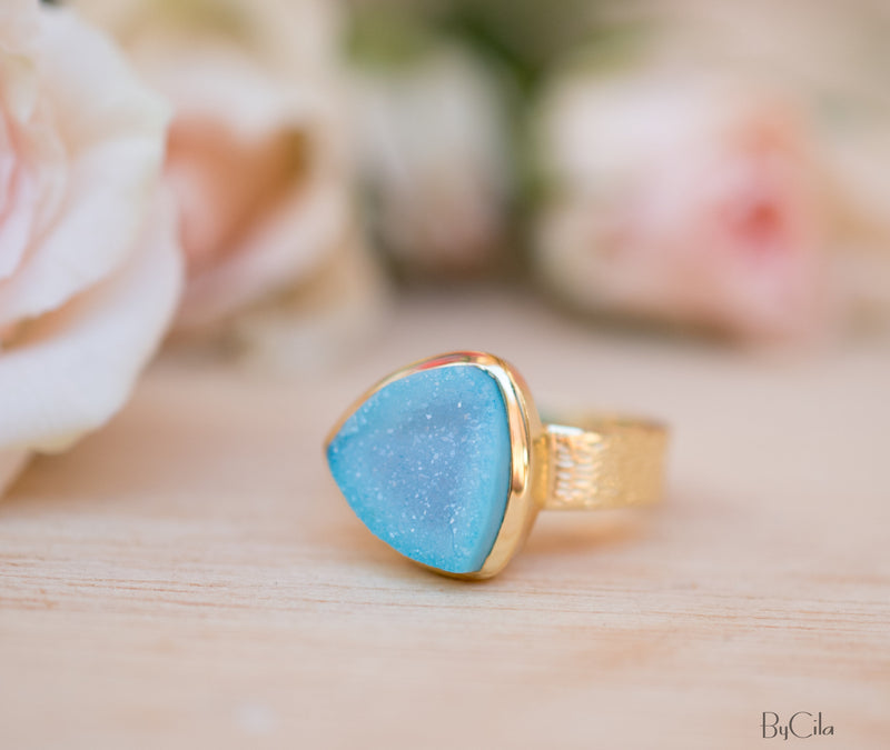 Blue Druzy Ring * Gold Plated Ring * Statement Ring *Gemstone Ring  *Gold Crystal* Natural Druzy *Large Gemstone *Organic Ring * BJR159