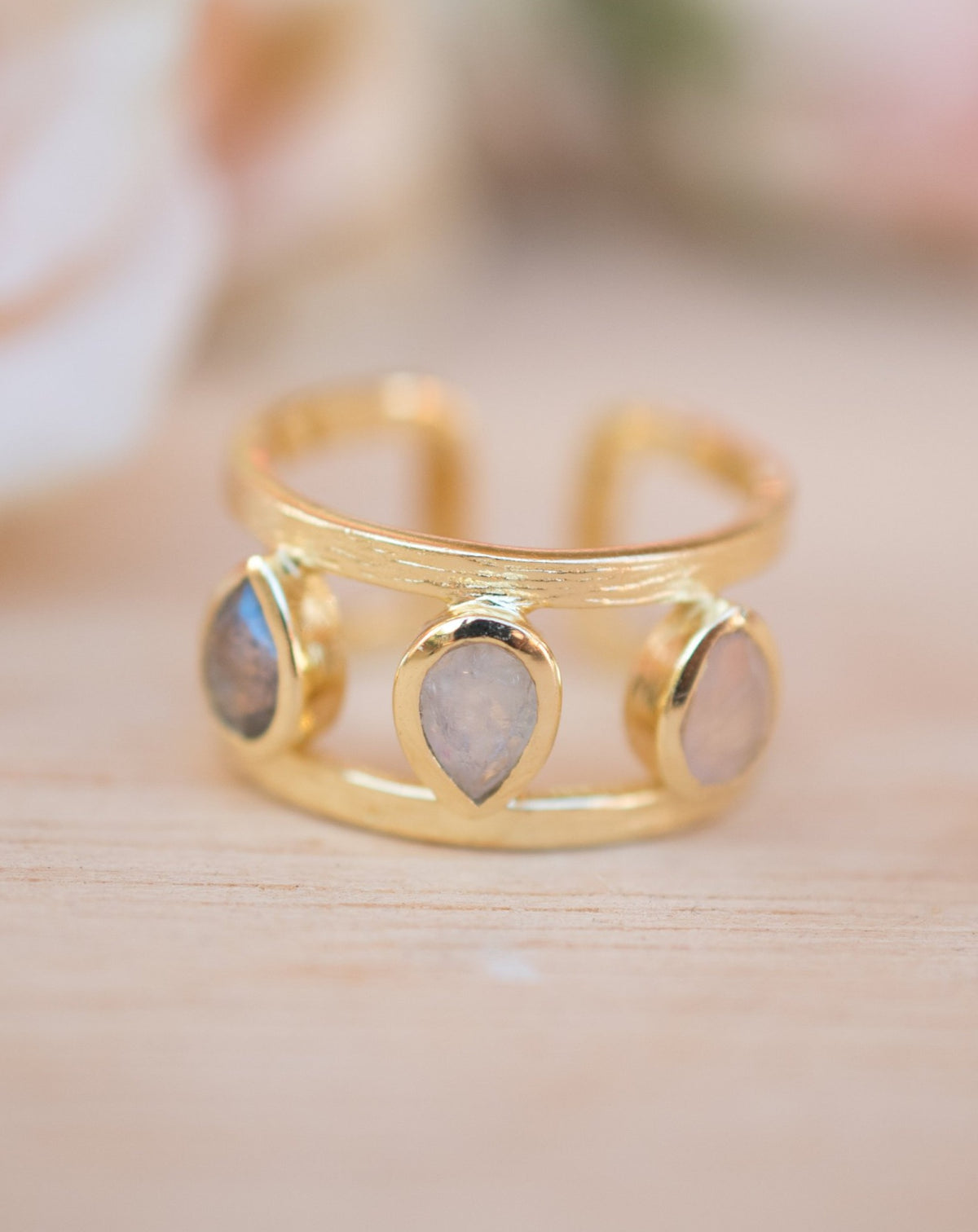 Rose Quartz, Moonstone & Labradorite Ring * 18k Gold Plated Ring * Statement Ring *Gemstone Ring * handmade *Adjustable * Boho BJR181