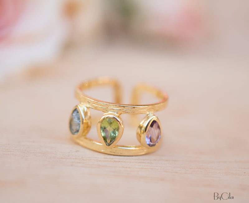 Amethyst, Peridot & Iolite hydro Ring * 18k Gold Plated Ring * Statement Ring *Gemstone Ring * handmade *Adjustable * Boho BJR180
