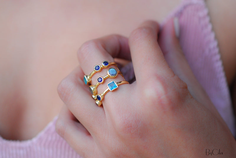 Gemstones Gold Ring * Statement Birthstone* Gold Plated Ring * Green Jade, Sapphire hydro, Labradorite *Multi stones *Statement Ring BJR071