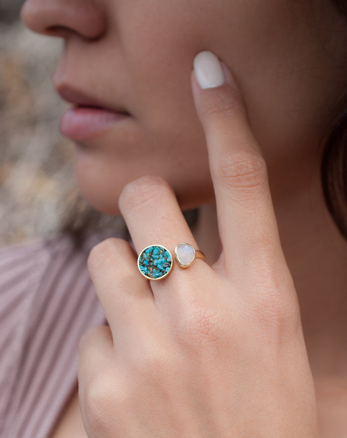 Moonstone & Mosaic Turquoise Round Ring * 18k Gold Plated Ring * Statement Ring *Gemstone Ring *Bridal Ring *Organic Ring *Natural * BJR168