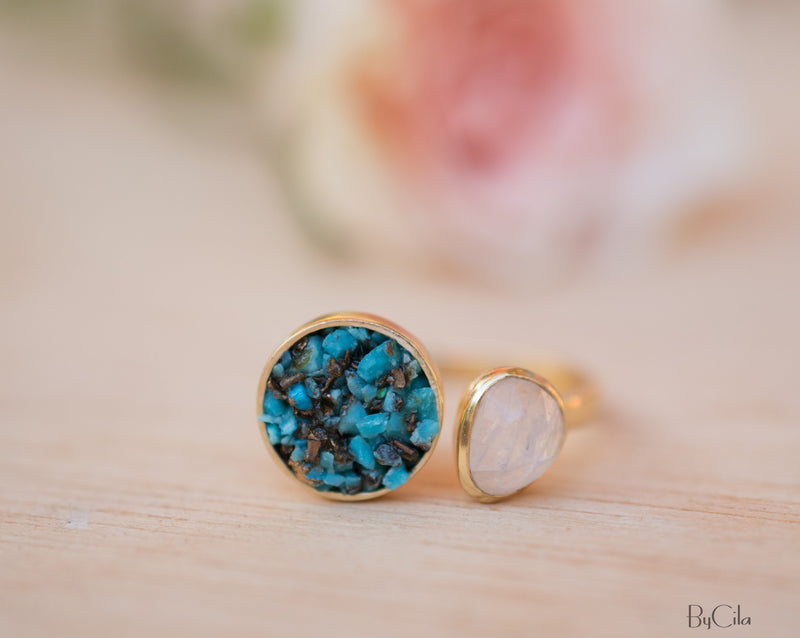 Moonstone & Mosaic Turquoise Round Ring * 18k Gold Plated Ring * Statement Ring *Gemstone Ring *Bridal Ring *Organic Ring *Natural * BJR168