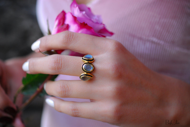 Labradorite Ring * 18k Gold Plated Ring * Statement Ring *Gemstone Ring * handmade * Black details * BohoBlack details * BJR127