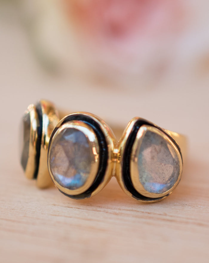 Labradorite Ring * 18k Gold Plated Ring * Statement Ring *Gemstone Ring * handmade * Black details * BohoBlack details * BJR127