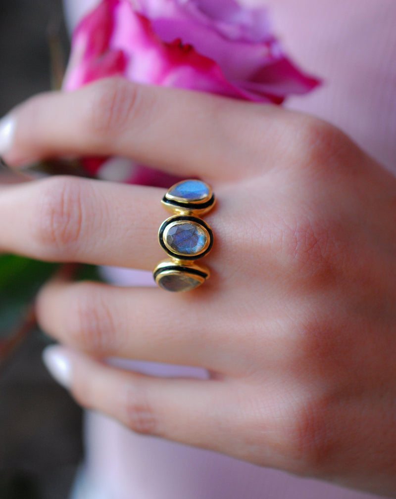 Labradorite Ring * 18k Gold Plated Ring * Statement Ring *Gemstone Ring * handmade * Black details * BohoBlack details * BJR127