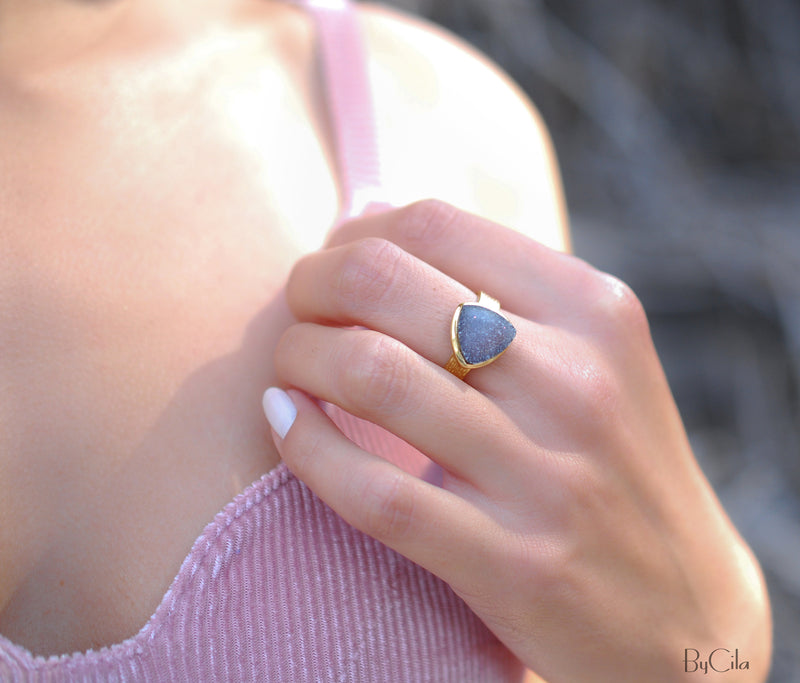 Black Druzy Ring * Gold Plated Ring * Statement Ring *Gemstone Ring  *Gold Crystal* Natural Druzy *Large Gemstone *Organic Ring * BJR158