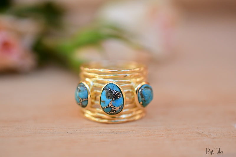 Turquoise Gold Plated Ring *Gold Ring *Statement Ring *Gemstone *Copper Turquoise Ring* Natural *Organic Ring * Ocean* Blue Ring * BJR160