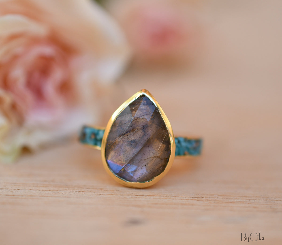 Labradorite & Turquoise Ring * 18k Gold Plated Ring * Statement Ring *Gemstone Ring *Labradorite *Bridal Ring *Organic Ring *Natural *BJR177